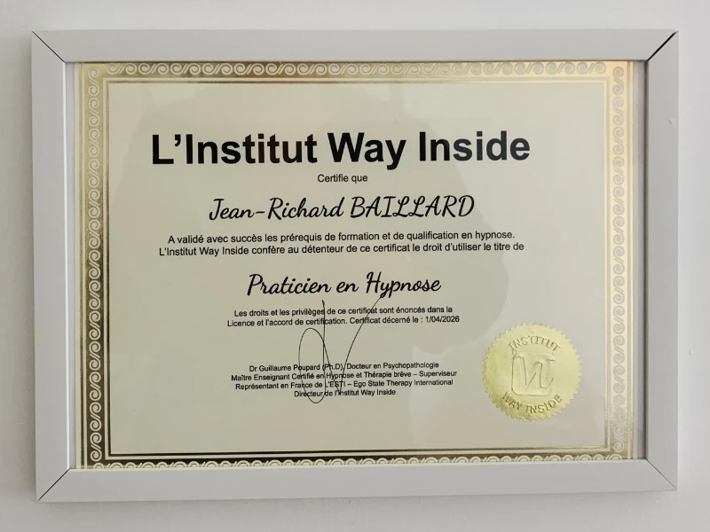 Diplôme de Jean-Richard Baillard - Hypnopraticien Ericksonien